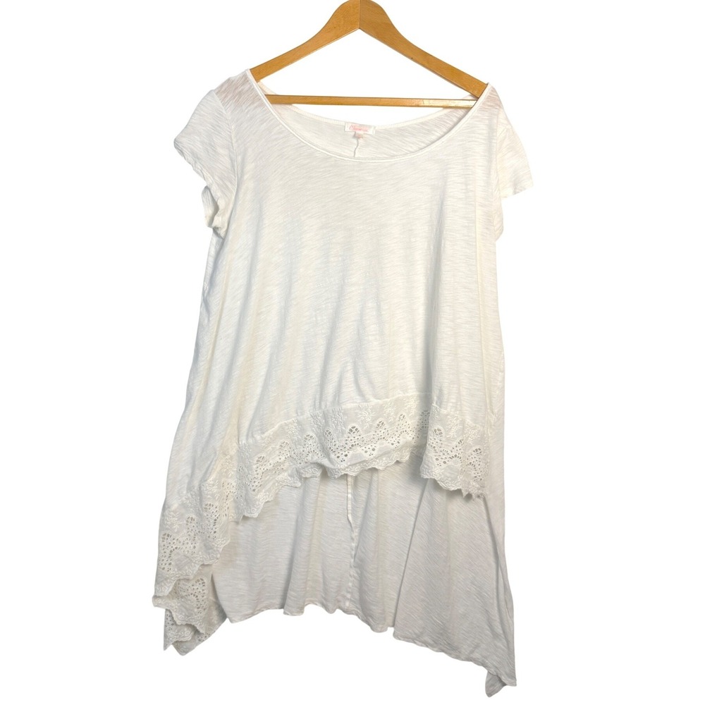 Maronie White High Low Eyelet Lace Trim Top Short‎ Sleeve Cotton Modal Medium
